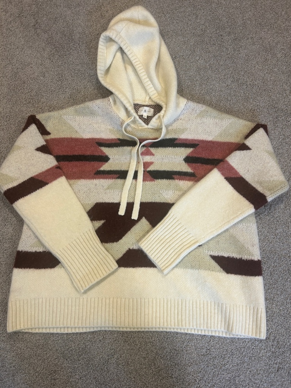 Lou & Grey Cream Hoodie Sweater with Rust and Dark Brown Geo Motif